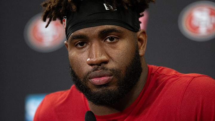 Jun 11, 2025; Santa Clara, CA, USA; San Francisco 49ers defensive end Bryce Huff (47) speaks to the media following a team OTA at Levi's Stadium. Mandatory Credit: D. Ross Cameron-Imagn Images Jun 11, 2025; Santa Clara, CA, USA; San Francisco 49ers defensive end Bryce Huff (47) speaks to the media following a team OTA at Levi's Stadium. Mandatory Credit: D. Ross Cameron-Imagn Images