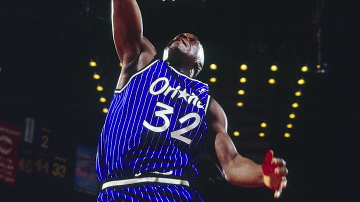 1995 FILE PHOTO; Denver, CO, USA; Shaquille O'Neal of the Orlando Magic in action against the Denver Nuggets at Mc Nichols Arena during the 1995 season. Mandatory Credit: Photo By Imagn Images (c) Copyright Imagn Images
