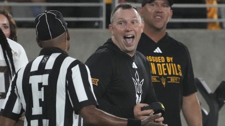 Arizona State Sun Devils head coach Kenny Dillingham questions a call with the field judge Lark Jones during a football game against the Northern Arizona Lumberjacks at Mountain America Stadium in Tempe on Aug. 30, 2025. Arizona State Sun Devils head coach Kenny Dillingham questions a call with the field judge Lark Jones during a football game against the Northern Arizona Lumberjacks at Mountain America Stadium in Tempe on Aug. 30, 2025.