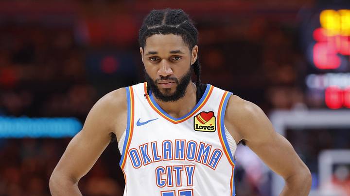 Mar 30, 2026; Oklahoma City, Oklahoma, USA; Oklahoma City Thunder guard Isaiah Joe (11) walks down the court during the second half against the Detroit Pistons at Paycom Center. Mandatory Credit: Alonzo Adams-Imagn Images