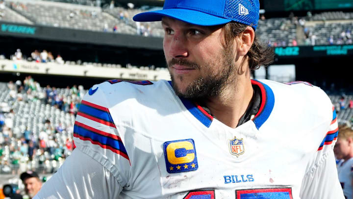 Buffalo Bills quarterback Josh Allen (17) is shown after the game as he waits for an interview begin, Sunday, September 14, 2025, in East Rutherford.
