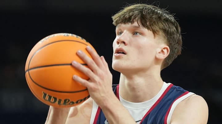 Apr 3, 2026; Indianapolis, IN, USA; UConn Huskies guard Braylon Mullins (24) during a practice session ahead of the Final Four of the men's 2026 NCAA Tournament at Lucas Oil Stadium. Mandatory Credit: Robert Deutsch-Imagn Images