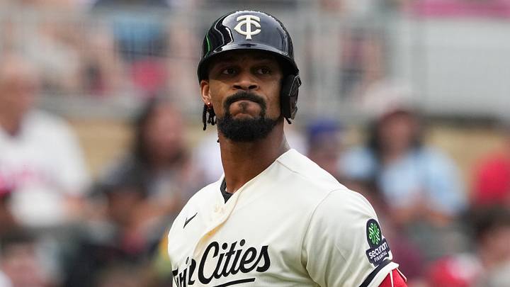Aug 15, 2026; Minneapolis, Minnesota, USA; Minnesota Twins center fielder Byron Buxton (25) looks on after striking out during the first inning against the Philadelphia Phillies at Target Field. Mandatory Credit: Jordan Johnson-Imagn Images