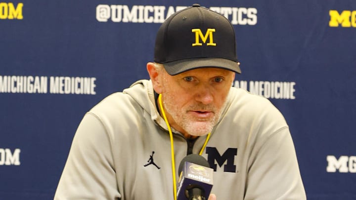 Apr 18, 2026; Ann Arbor, MI, USA; Michigan Wolverines head coach Kyle Whittingham gives remarks following the spring game at Michigan Stadium. Mandatory Credit: Brian Bradshaw Sevald-Imagn Images