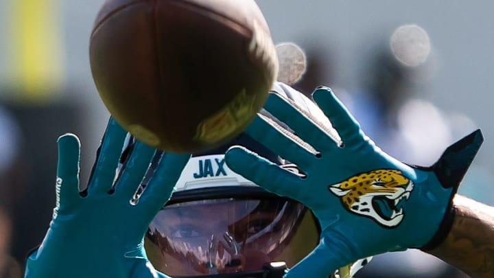 Jacksonville Jaguars wide receiver Dorian Singer (13) catches a pass while running a drill during the Jacksonville Jaguars’ third mandatory minicamp Thursday June 12, 2025 at the Miller Electric Center in Jacksonville, Fla. [Doug Engle/Florida Times-Union]