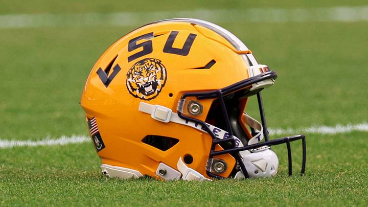 Sep 26, 2026; Baton Rouge, Louisiana, USA;  A detail view of an LSU Tigers helmet on the field prior to the game against the Texas A&M Aggies at Tiger Stadium.  Mandatory Credit: Stephen Lew-Imagn Images