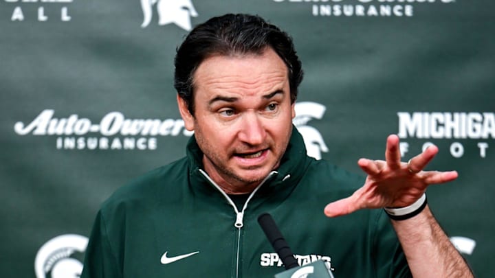 Michigan State coach Jonathan Smith talks the media on the first national signing day for college football recruits Wednesday, Dec. 4, 2024, at Spartan Stadium in East Lansing.