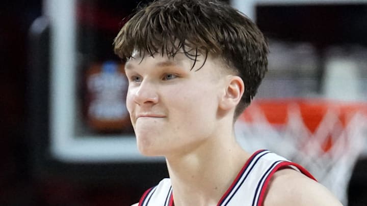 UConn Huskies guard Braylon Mullins (24) celebrates after shooting and making a three point basket Saturday, April 4, 2026, during a Final Four game against the Illinois Fighting Illini at Lucas Oil Stadium in Indianapolis.