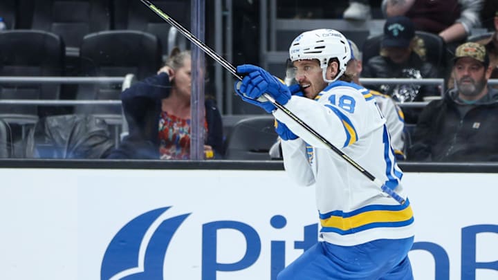Mar 4, 2026; Seattle, Washington, USA; St. Louis Blues center Robert Thomas (18) reacts after scoring a goal in the third period against the Seattle Kraken at Climate Pledge Arena. Mandatory Credit: Kevin Ng-Imagn Images