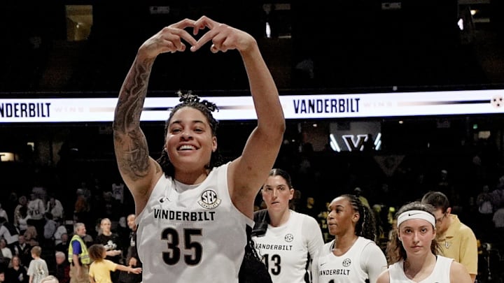 Vanderbilt forward Sacha Washington (35) gestures to family members after defeating Missouri in a NCAA college basketball game at Memorial Gymnasium Thursday, Jan. 8, 2026, in Nashville, Tenn.