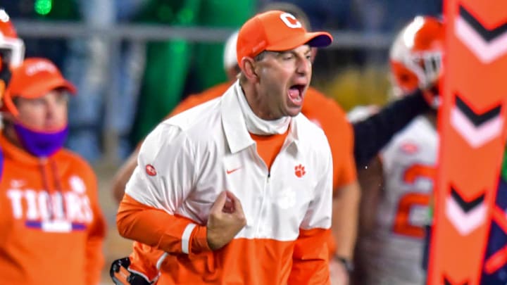 Nov 7, 2020; South Bend, Indiana, USA; Clemson Tigers head coach Dabo Swinney yells from the bench in the fourth quarter agains the Notre Dame Fighting Irish at Notre Dame Stadium. Notre Dame defeated Clemson 47-40 in two overtimes. Mandatory Credit: Matt Cashore-Imagn Images