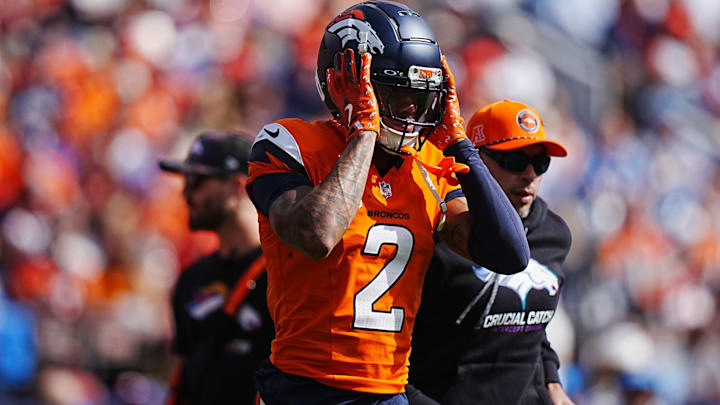 Oct 13, 2024; Denver, Colorado, USA; Denver Broncos cornerback Pat Surtain II (2) leaves the field in the first quarter against the Los Angeles Chargers at Empower Field at Mile High. Oct 13, 2024; Denver, Colorado, USA; Denver Broncos cornerback Pat Surtain II (2) leaves the field in the first quarter against the Los Angeles Chargers at Empower Field at Mile High.
