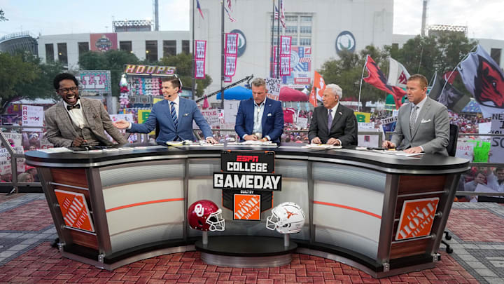 Oct 7, 2023; Dallas, TX, USA; The Hosts of College Gameday during their show early morning before the NCAA college football game between Texas Longhorns and Oklahoma Sooners at the Cotton Bowl. Mandatory Credit: Ricardo B. Brazziell-Imagn Images