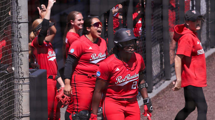 Texas Tech players and coaches react to Alana Johnson's 17-pitch at-bat against Mississippi State in the Lubbock Regional championship game of the 2025 NCAA softball tournament, Sunday, May 18, 2025, at Rocky Johnson Field.