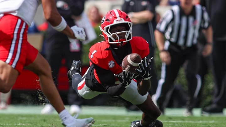 Sep 6, 2025; Athens, Georgia, USA; Georgia Bulldogs defensive back Ellis Robinson IV (1) intercepts a pass against the Austin Peay Governors in the second quarter at Sanford Stadium. Mandatory Credit: Brett Davis-Imagn Images Sep 6, 2025; Athens, Georgia, USA; Georgia Bulldogs defensive back Ellis Robinson IV (1) intercepts a pass against the Austin Peay Governors in the second quarter at Sanford Stadium. Mandatory Credit: Brett Davis-Imagn Images