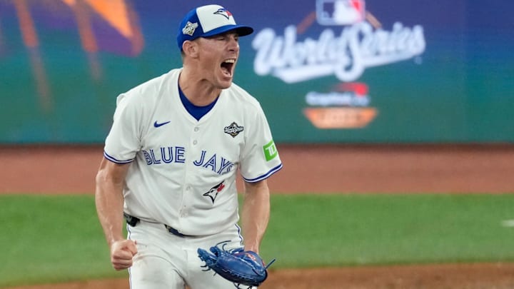 Oct 24, 2025; Toronto, Ontario, CAN; Toronto Blue Jays pitcher Chris Bassitt (40) celebrates after throwing against the Los Angeles Dodgers in the eighth inning during game one of the 2025 MLB World Series at Rogers Centre. Mandatory Credit: Kevin Sousa-Imagn Images