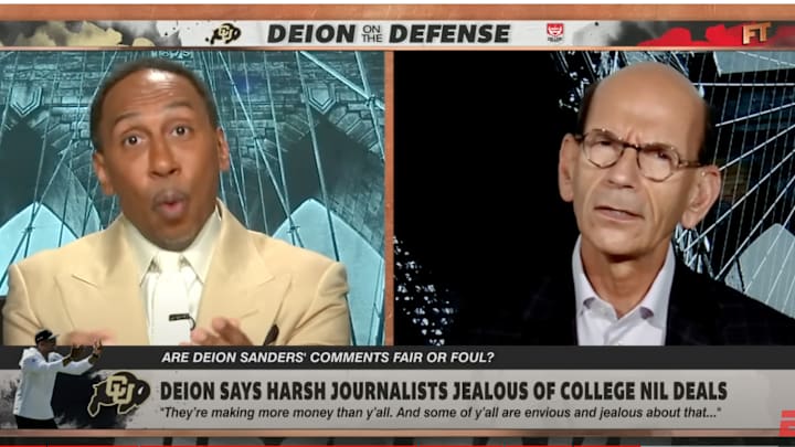 Stephen A. Smith and Paul Finebaum got into on “First Take” about Deion Sanders.