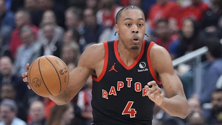 Apr 23, 2026; Toronto, Ontario, CAN; Toronto Raptors guard Scottie Barnes (4) drives to the basket against the Cleveland Cavaliers during the first half of game three of the first round of the 2026 NBA Playoffs at Scotiabank Arena. Mandatory Credit: John E. Sokolowski-Imagn Images