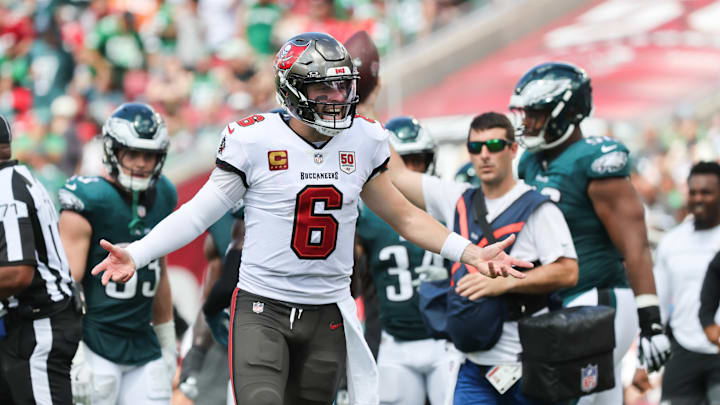 Sep 28, 2025; Tampa, Florida, USA; Tampa Bay Buccaneers quarterback Baker Mayfield (6) reacts during the second half against the Philadelphia Eagles at Raymond James Stadium. Sep 28, 2025; Tampa, Florida, USA; Tampa Bay Buccaneers quarterback Baker Mayfield (6) reacts during the second half against the Philadelphia Eagles at Raymond James Stadium.