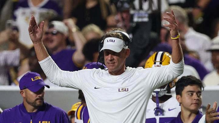 Sep 26, 2026; Baton Rouge, Louisiana, USA;  LSU Tigers head coach Lane Kiffin  reacts during the second quarter against the Texas A&M Aggies at Tiger Stadium.  Mandatory Credit: Stephen Lew-Imagn Images