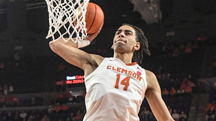 Nov 4, 2024; Clemson, SC, USA; Clemson center Christian Reeves (14) warms up before tipoff at Littlejohn Coliseum in Clemson, S.C Monday, November 4, 2024.       Mandatory Credit: Ken Ruinard/USA TODAY Network via Imagn Images 