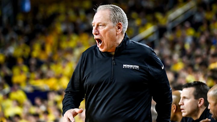 Michigan State's head coach Tom Izzo calls out to players during the second half in the game against Michigan on Sunday, March 8, 2026, at the Crisler Center in Ann Arbor.