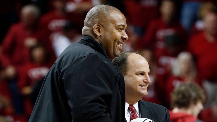 Former OU basketball star Stacey King poses for a photo with athletic director Joe Castiglione on Feb. 23, 2013. Former OU basketball star Stacey King poses for a photo with athletic director Joe Castiglione on Feb. 23, 2013.