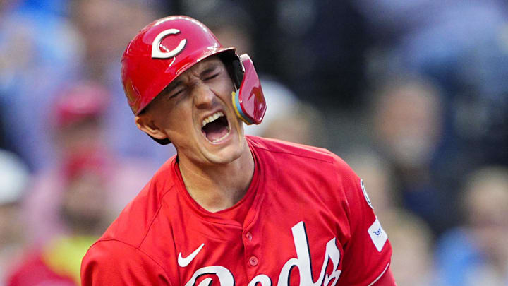 May 28, 2025; Kansas City, Missouri, USA; Cincinnati Reds designated hitter Austin Hays (12) reacts after fouling a ball off of his leg during the sixth inning against the Kansas City Royals at Kauffman Stadium. Mandatory Credit: Jay Biggerstaff-Imagn Images May 28, 2025; Kansas City, Missouri, USA; Cincinnati Reds designated hitter Austin Hays (12) reacts after fouling a ball off of his leg during the sixth inning against the Kansas City Royals at Kauffman Stadium. Mandatory Credit: Jay Biggerstaff-Imagn Images