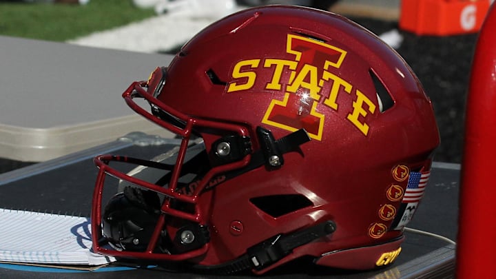 Oct 19, 2019; Lubbock, TX, USA; An Iowa State Cyclones helmet on the bench during the game against the Texas Tech Red Raiders at Jones AT&T Stadium. Mandatory Credit: Michael C. Johnson-Imagn Images
