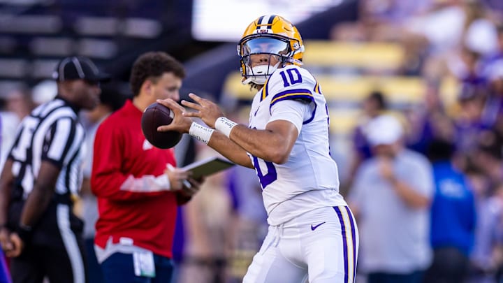 Sep 28, 2024; Baton Rouge, Louisiana, USA;  LSU Tigers quarterback Rickie Collins (10) during warmups before a game against the South Alabama Jaguars at Tiger Stadium. Mandatory Credit: Stephen Lew-Imagn Images