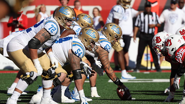 Sep 23, 2023; Salt Lake City, Utah, USA; UCLA Bruins offense lines up against the Utah Utes defense in the fourth quarter at Rice-Eccles Stadium. Mandatory Credit: Rob Gray-Imagn Images Sep 23, 2023; Salt Lake City, Utah, USA; UCLA Bruins offense lines up against the Utah Utes defense in the fourth quarter at Rice-Eccles Stadium. Mandatory Credit: Rob Gray-Imagn Images