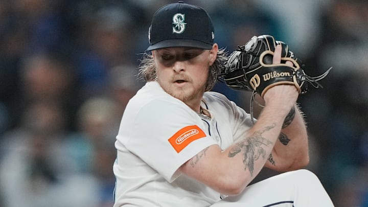 Oct 16, 2025; Seattle, Washington, USA; Seattle Mariners pitcher Gabe Speier (55) throws a pitch against the Toronto Blue Jays in the third inning during game four of the ALCS round for the 2025 MLB playoffs at T-Mobile Park. Mandatory Credit: Stephen Brashear-Imagn Images