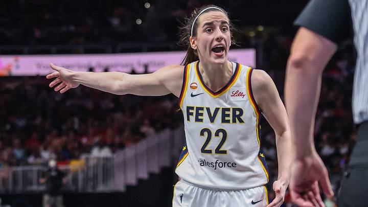 Jun 20, 2026; Atlanta, Georgia, USA; Indiana Fever guard Caitlin Clark (22) yells at the referee after a call during the game against the Atlanta Dream during the fourth quarter at State Farm Arena. Mandatory Credit: Jordan Godfree-Imagn Images