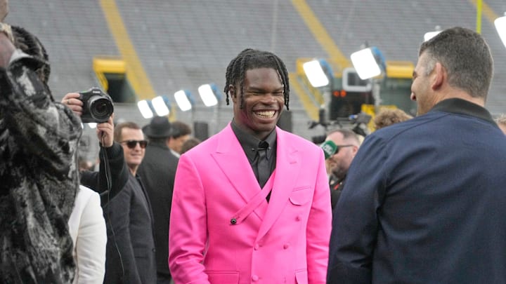NFL draft prospect, Colorado Buffaloes wide receiver Travis Hunter, arrives during the NFL Draft Red Carpet event at Lambeau Field.
