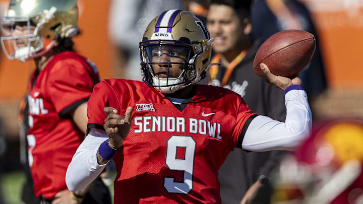 Jan 30, 2024; Mobile, AL, USA; National quarterback Michael Penix Jr. of Washington (9) throws the
