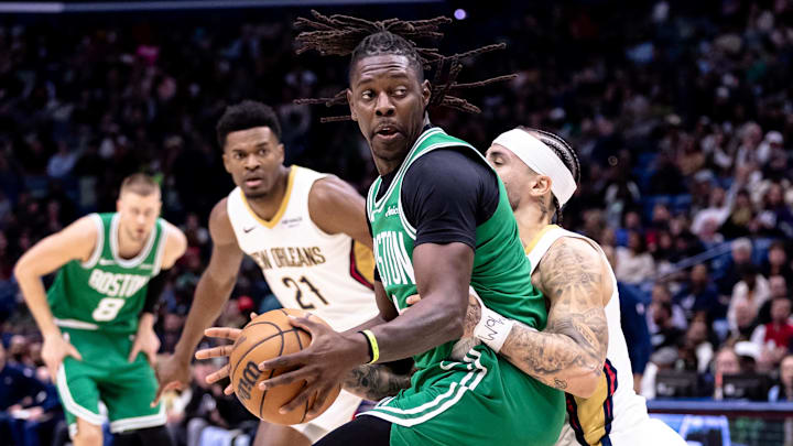 Jan 31, 2025; New Orleans, Louisiana, USA; Boston Celtics guard Jrue Holiday (4) dribbles against New Orleans Pelicans guard Jose Alvarado (15) during the first half at Smoothie King Center. Mandatory Credit: Stephen Lew-Imagn Images Jan 31, 2025; New Orleans, Louisiana, USA; Boston Celtics guard Jrue Holiday (4) dribbles against New Orleans Pelicans guard Jose Alvarado (15) during the first half at Smoothie King Center. Mandatory Credit: Stephen Lew-Imagn Images