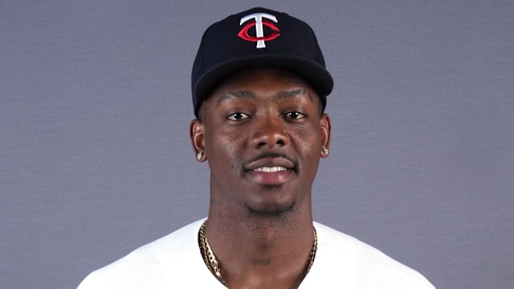 Feb 19, 2026; Lee County, FL, USA;  Minnesota Twins pitcher Kendry Rojas (60) poses during photo day at Hammond Stadium. Mandatory Credit: Jim Rassol-Imagn Images