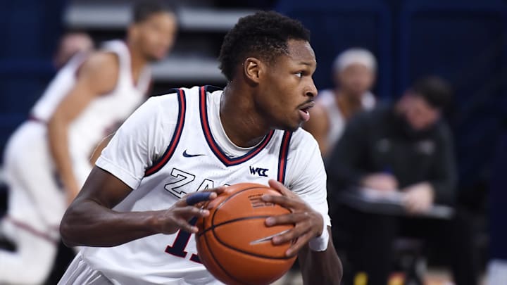 Gonzaga Bulldogs guard Joel Ayayi (11) gets a rebound during a game against the St. Mary's Gaels in the first half at McCarthey Athletic Center. 