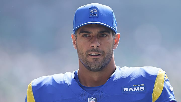 Sep 21, 2025; Philadelphia, Pennsylvania, USA; Los Angeles Rams quarterback Jimmy Garoppolo (11) before action against the Philadelphia Eagles at Lincoln Financial Field. Mandatory Credit: Bill Streicher-Imagn Images