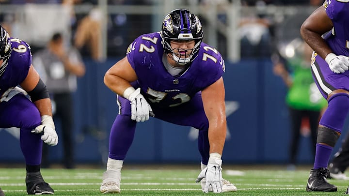 Sep 22, 2024; Arlington, Texas, USA; Baltimore Ravens guard Andrew Vorhees (72) lines up during the third quarter against the Dallas Cowboys at AT&T Stadium. Mandatory Credit: Andrew Dieb-Imagn Images