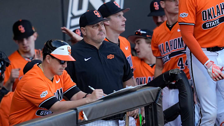 Oklahoma State head baseball coach Josh Holliday is pictured during the college baseball game between the Oklahoma State University Cowboys and the UT Arlington at O'Brate Stadium in Stillwater, Okla., Sunday, Feb., 23, 2025.