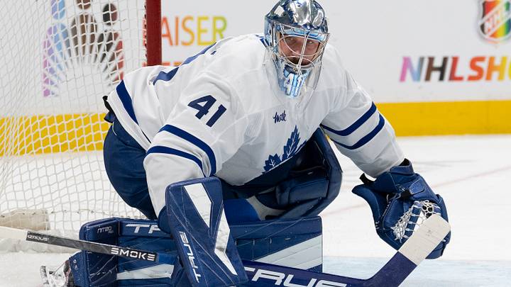 Apr 2, 2026; San Jose, California, USA; Toronto Maple Leafs goaltender Anthony Stolarz (41) defends the goal during the second period against the San Jose Sharks at SAP Center at San Jose. Mandatory Credit: Stan Szeto-Imagn Images Apr 2, 2026; San Jose, California, USA; Toronto Maple Leafs goaltender Anthony Stolarz (41) defends the goal during the second period against the San Jose Sharks at SAP Center at San Jose. Mandatory Credit: Stan Szeto-Imagn Images