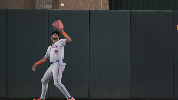 Apr 11, 2025; West Sacramento, California, USA; New York Mets outfielder Jose Siri (19) makes a catch second inning of the game against the Oakland Athletics at Sutter Health Park. Mandatory Credit: Ed Szczepanski-Imagn Images
