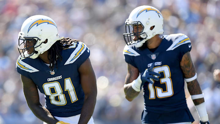 Los Angeles Chargers wideouts Mike Williams and Keenan Allen during a 2023 NFL matchup with the Los Angeles Rams