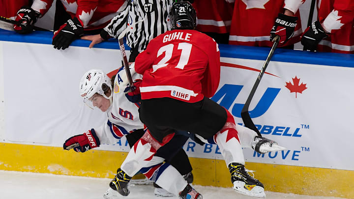 Kaiden Guhle battles Cole Caufield in 2021 World Junior Championships