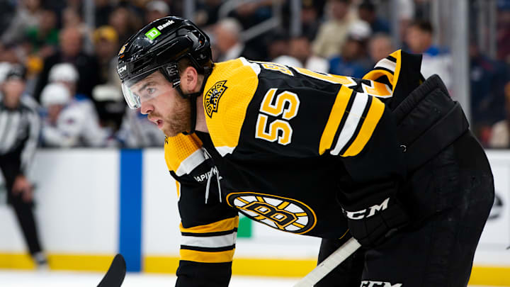 New York Rangers v Boston Bruins: Forward Justin Brazeau getting ready for a faceoff