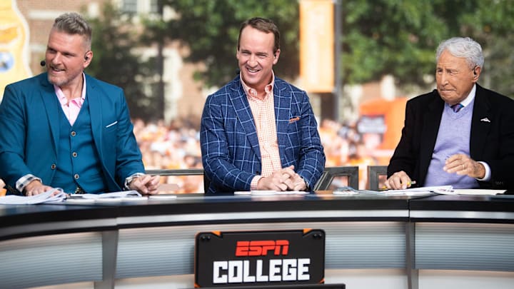 Peyton Manning during ESPN's College GameDay show held outside of Ayres Hall on the University of Tennessee campus in Knoxville, Tenn. on Saturday, Oct. 15, 2022. The college football pregame show returned to Knoxville for the second time this season for No. 8 Tennessee's SEC rivalry game against No. 1 Alabama. Peyton Manning during ESPN's College GameDay show held outside of Ayres Hall on the University of Tennessee campus in Knoxville, Tenn. on Saturday, Oct. 15, 2022. The college football pregame show returned to Knoxville for the second time this season for No. 8 Tennessee's SEC rivalry game against No. 1 Alabama.