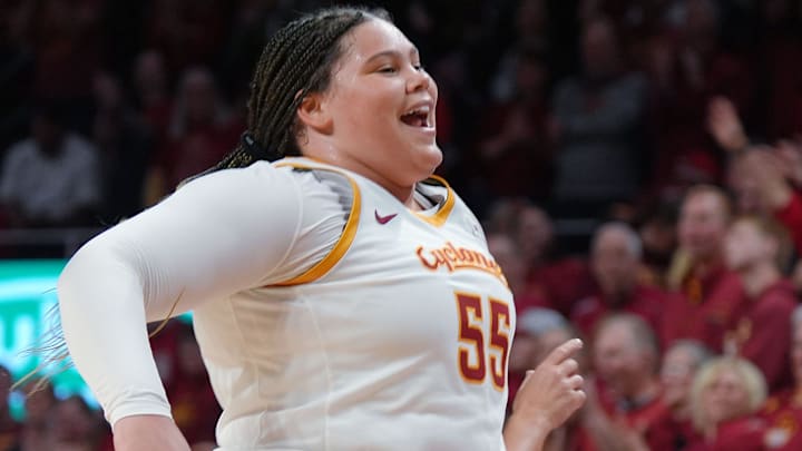 Iowa State Cyclones' center Audi Crooks (55) celebrates after winning 74-69 over Iowa in the NCAA women’s basketball Cy-Hawk Series on Dec. 10, 2025, at Hilton Coliseum in Ames, Iowa.