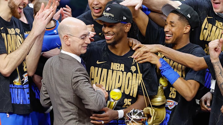 Jun 22, 2025; Oklahoma City, Oklahoma, USA; Oklahoma City Thunder guard Shai Gilgeous-Alexander (2) hugs NBA Commissioner Adam Silver at the end of game seven of the 2025 NBA Finals