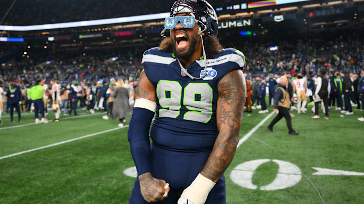 Jan 17, 2026; Seattle, WA, USA; Seattle Seahawks defensive end Leonard Williams (99) celebrates on the field following an NFC Divisional Round game against the San Francisco 49ers at Lumen Field. Jan 17, 2026; Seattle, WA, USA; Seattle Seahawks defensive end Leonard Williams (99) celebrates on the field following an NFC Divisional Round game against the San Francisco 49ers at Lumen Field.